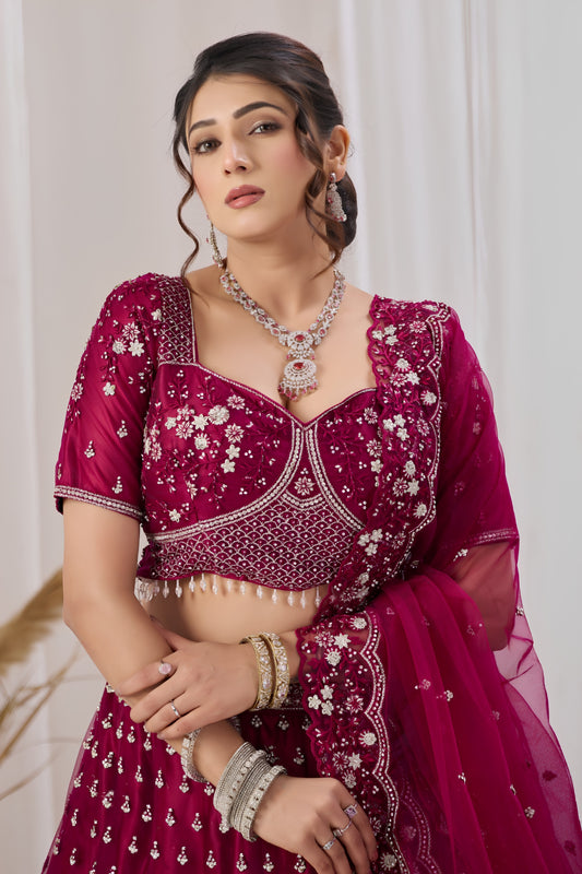 Exquisite Magenta Net Designer Lehenga Choli with Heavy Embroidery Work and Dupatta for Women