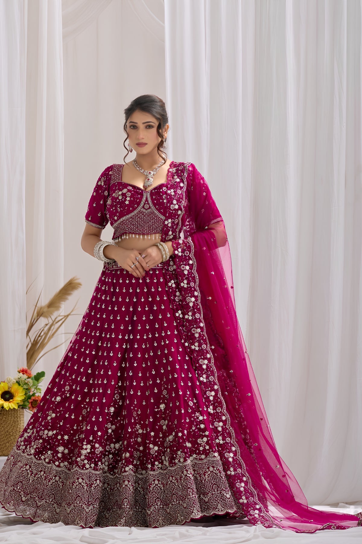 Exquisite Magenta Net Designer Lehenga Choli with Heavy Embroidery Work and Dupatta for Women