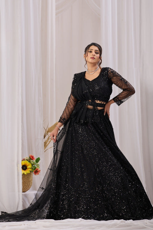 Glamorous Black Net Designer Lehenga Choli with Sequin Embroidery Work and Dupatta for Women