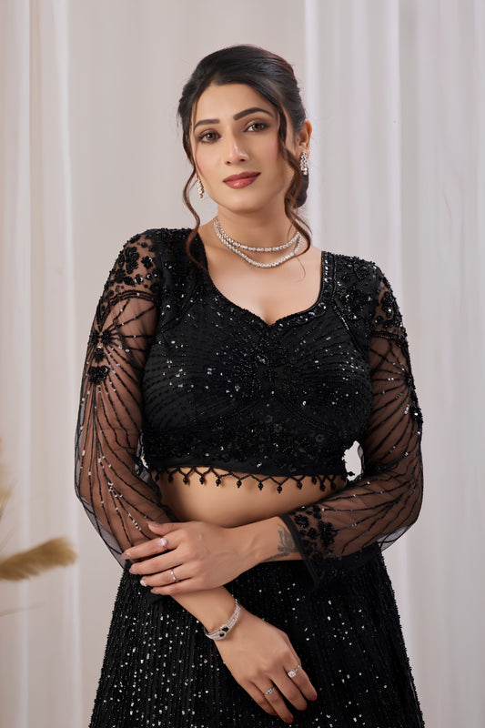 Glamorous Black Net Designer Lehenga Choli with Sequin Embroidery Work and Dupatta for Women