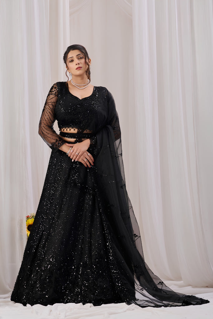 Glamorous Black Net Designer Lehenga Choli with Sequin Embroidery Work and Dupatta for Women