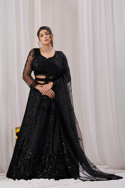 Glamorous Black Net Designer Lehenga Choli with Sequin Embroidery Work and Dupatta for Women