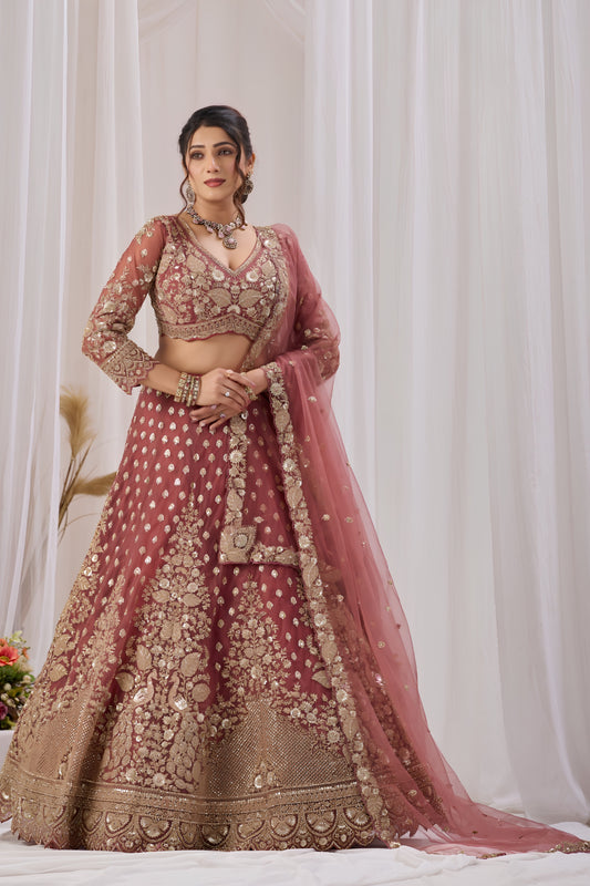 Stunning Rose Pink Net Designer Lehenga Choli with Heavy Embroidery Work and Dupatta