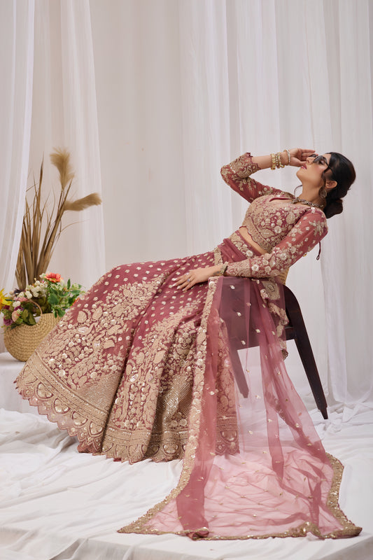 Stunning Rose Pink Net Designer Lehenga Choli with Heavy Embroidery Work and Dupatta