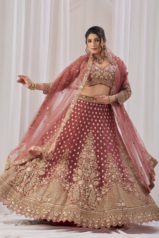 Stunning Rose Pink Net Designer Lehenga Choli with Heavy Embroidery Work and Dupatta