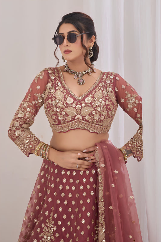 Stunning Rose Pink Net Designer Lehenga Choli with Heavy Embroidery Work and Dupatta