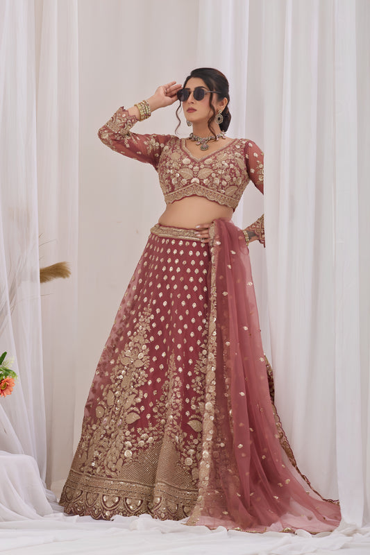 Stunning Rose Pink Net Designer Lehenga Choli with Heavy Embroidery Work and Dupatta