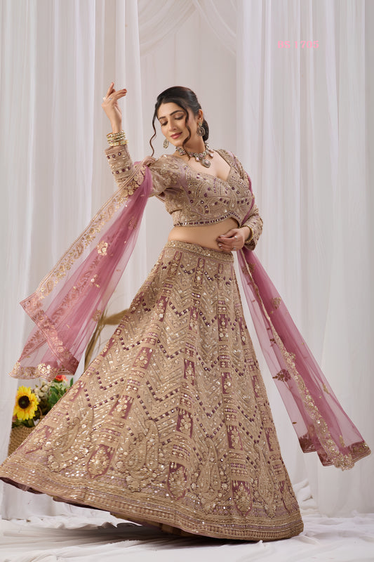 Opulent Mauve Net Designer Lehenga Choli with Heavy Embroidery Work and Dupatta