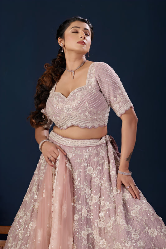Stylish Blush Pink Georgette Designer Lehenga Choli with Heavy Embroidery Work and Dupatta