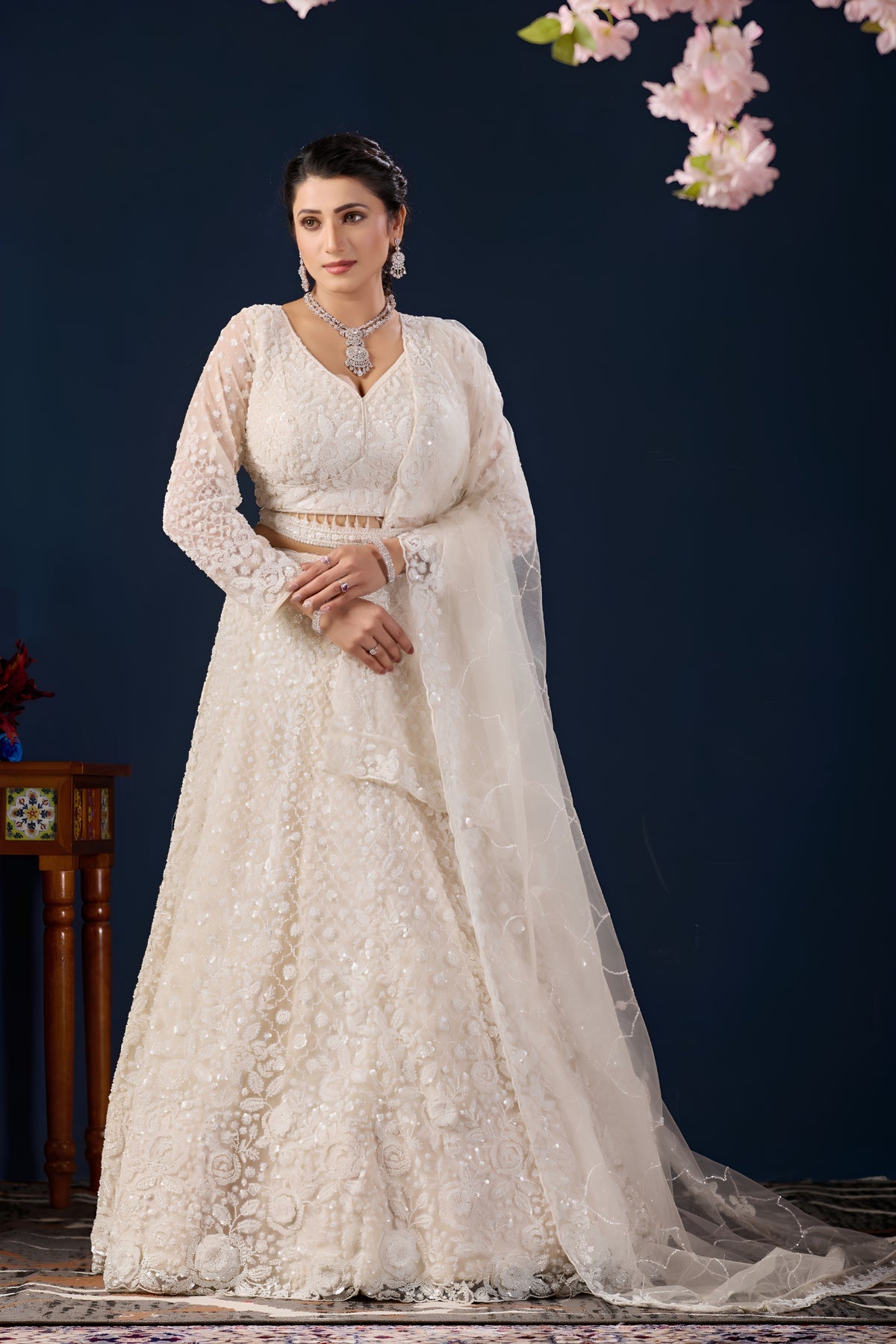 Elegant Ivory White Net Designer Lehenga Choli with Heavy Embroidery Work and Dupatta