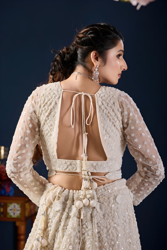 Elegant Ivory White Net Designer Lehenga Choli with Heavy Embroidery Work and Dupatta