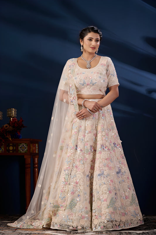 Enchanting Cream Net Designer Lehenga Choli with Multicolor Embroidery Work and Dupatta