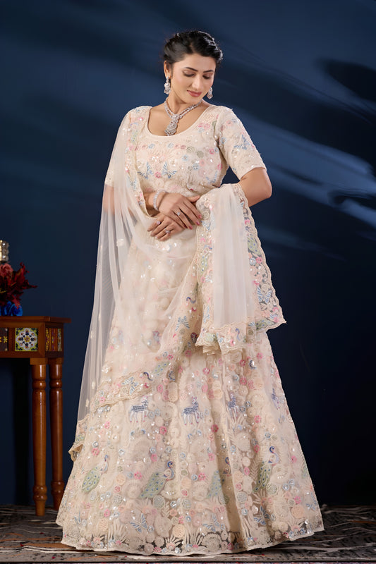 Enchanting Cream Net Designer Lehenga Choli with Multicolor Embroidery Work and Dupatta