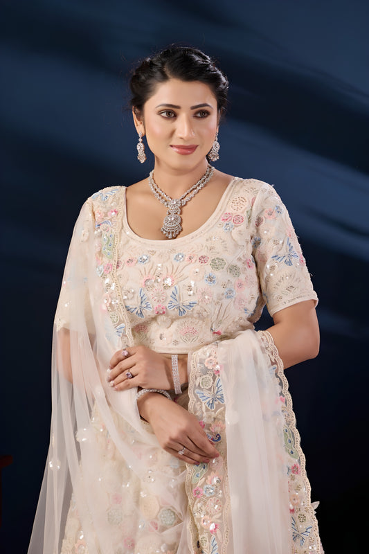 Enchanting Cream Net Designer Lehenga Choli with Multicolor Embroidery Work and Dupatta