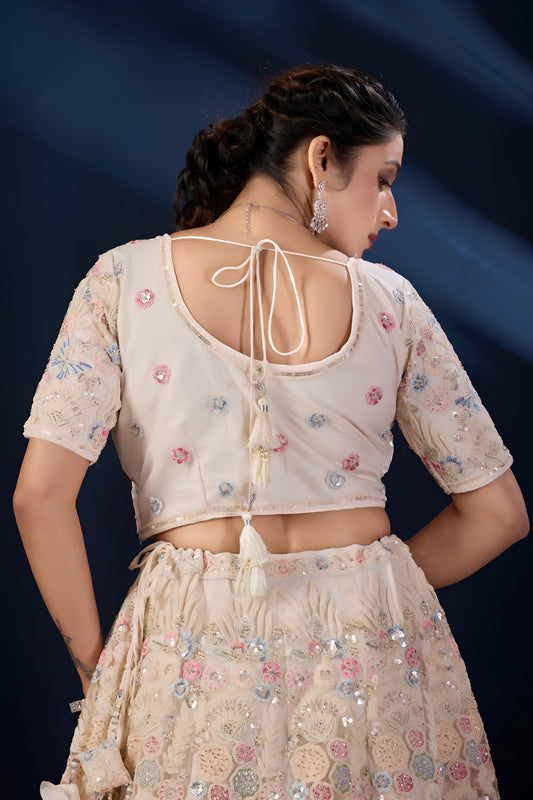 Enchanting Cream Net Designer Lehenga Choli with Multicolor Embroidery Work and Dupatta