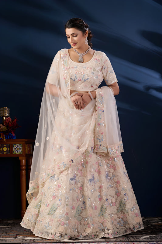 Enchanting Cream Net Designer Lehenga Choli with Multicolor Embroidery Work and Dupatta