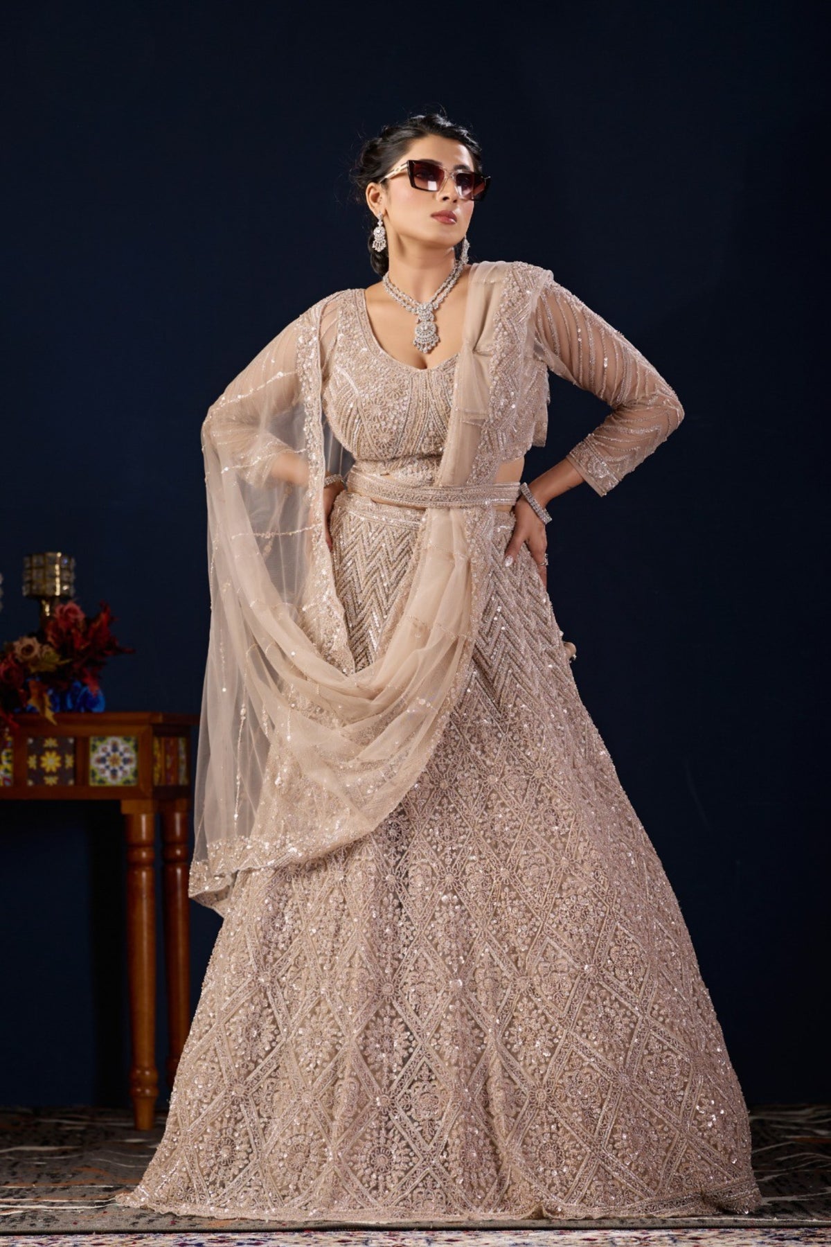 Luxurious Beige Net Designer Lehenga Choli with Heavy Embroidery Work and Dupatta for Women