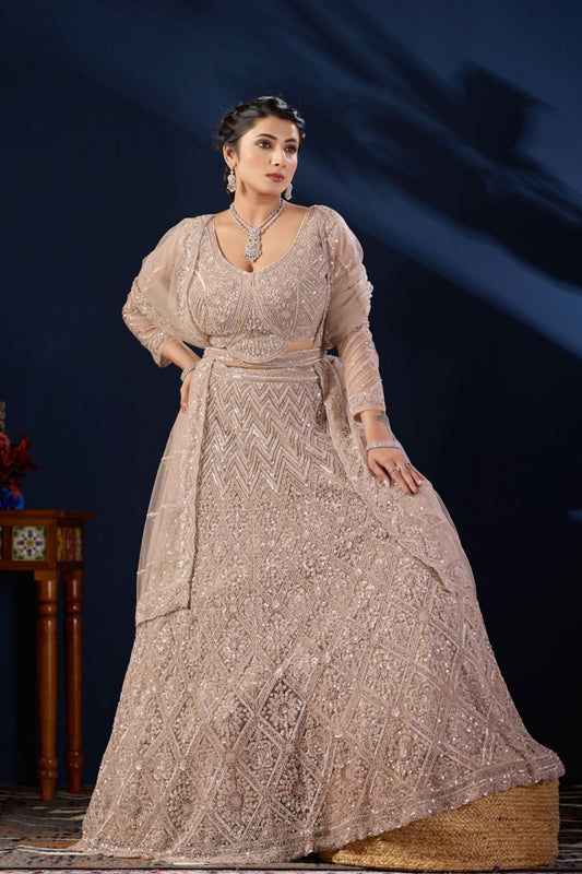 Luxurious Beige Net Designer Lehenga Choli with Heavy Embroidery Work and Dupatta for Women