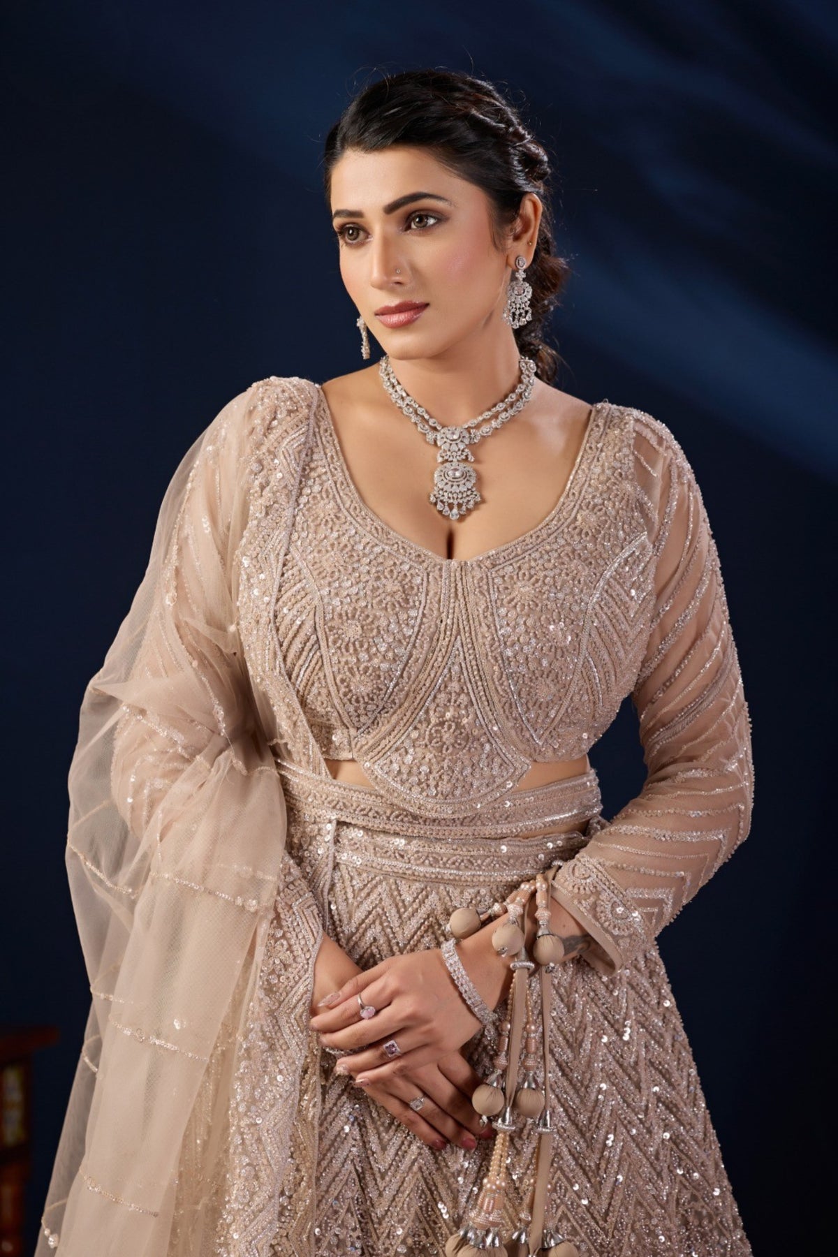 Luxurious Beige Net Designer Lehenga Choli with Heavy Embroidery Work and Dupatta for Women