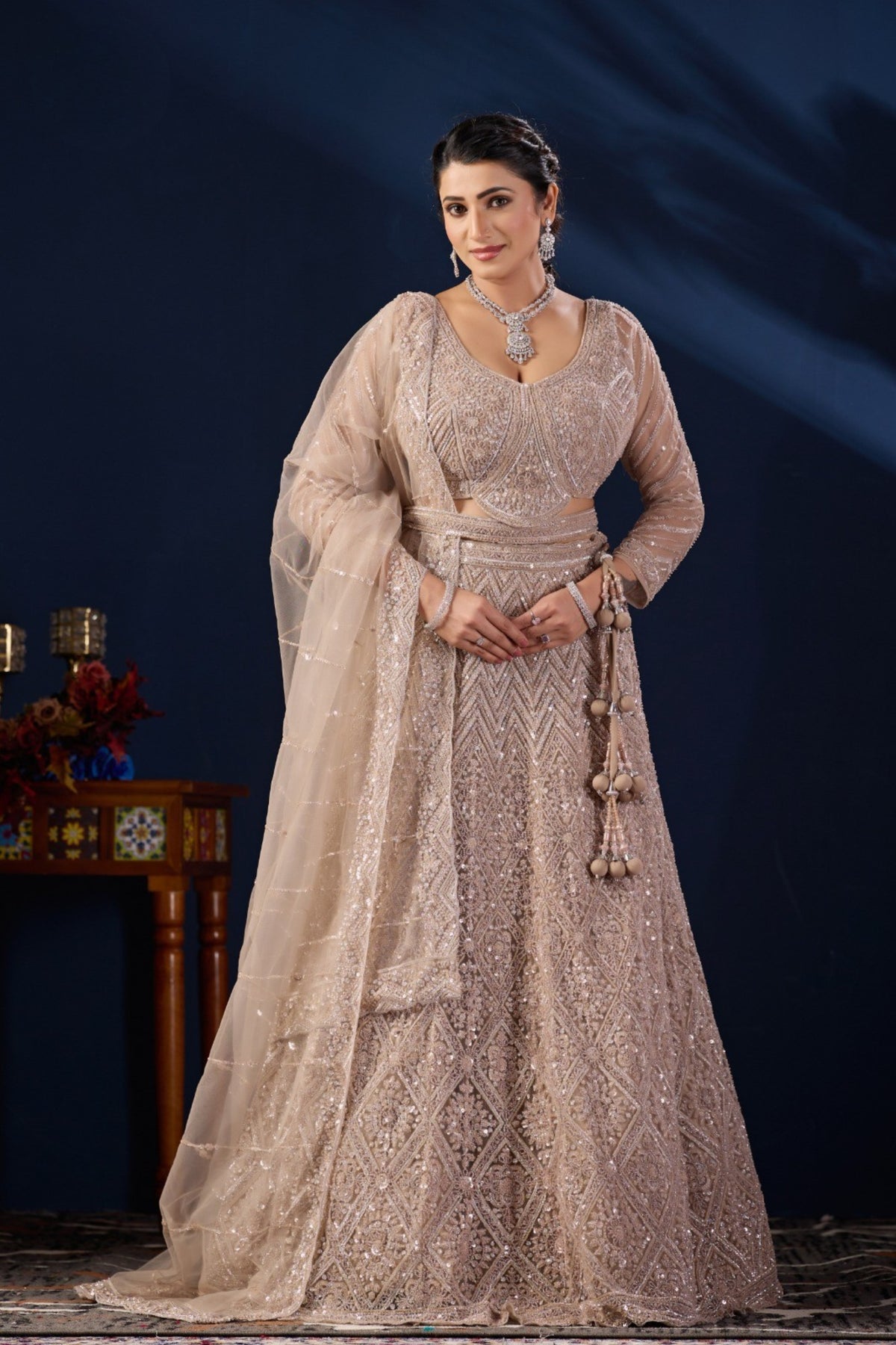 Luxurious Beige Net Designer Lehenga Choli with Heavy Embroidery Work and Dupatta for Women