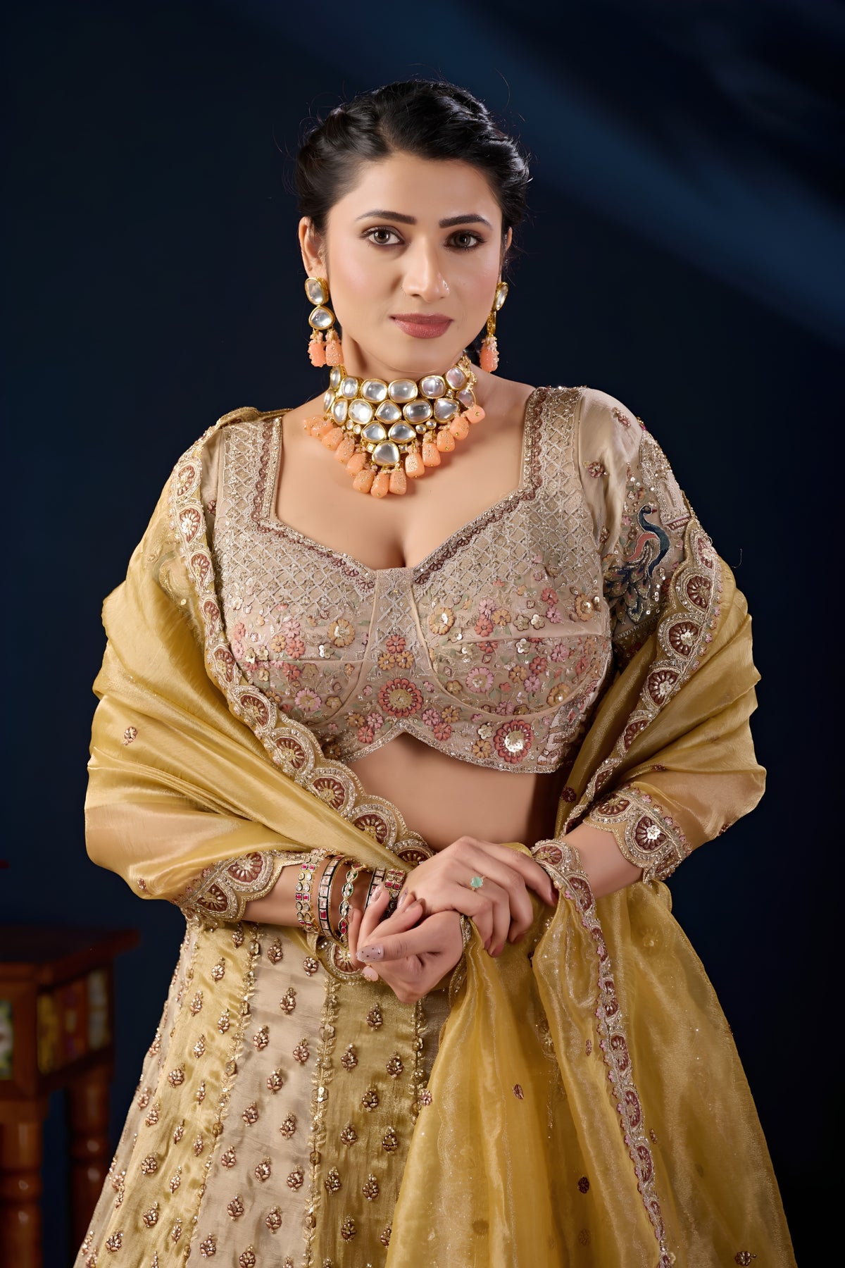 Radiant Beige Tissue Silk Designer Lehenga Choli with Heavy Embroidery Work and Mustard Yellow Dupatta