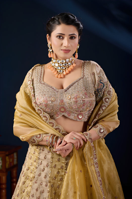 Radiant Beige Tissue Silk Designer Lehenga Choli with Heavy Embroidery Work and Mustard Yellow Dupatta