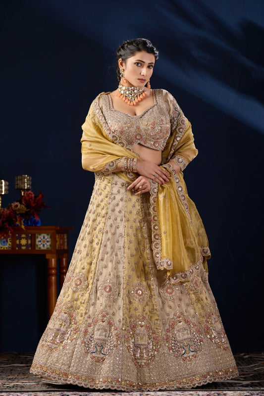 Radiant Beige Tissue Silk Designer Lehenga Choli with Heavy Embroidery Work and Mustard Yellow Dupatta