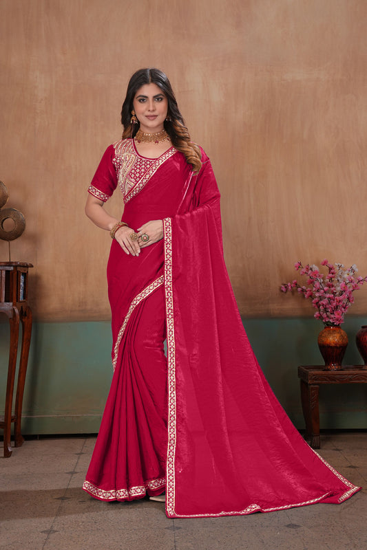 Beautiful Rani Pink Soft Fandy Satin Fabric Saree Embroidery Beads Work