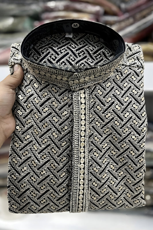 Premium Black Rayon Embroidery Designer Kurta Pyjama Set for Men for Wedding