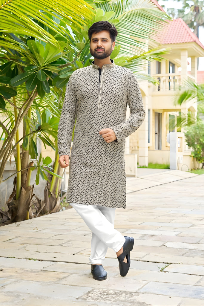 Premium Black Rayon Embroidery Designer Kurta Pyjama Set for Men for Wedding