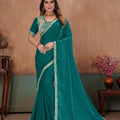 Emerald Green Soft Fandy Satin Fabric Saree Embroidery Beads Work
