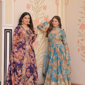 Exquisite Teal Blue Russian Silk Digital Printed Festival Wear Gown with Dupatta