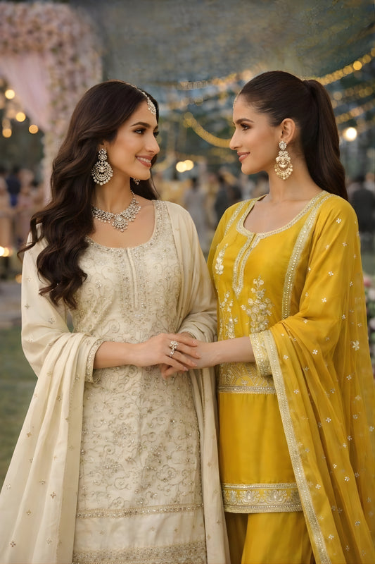 Vibrant Yellow Embroidered Premium Silk Readymade Palazzo Suit with Dupatta for Wedding