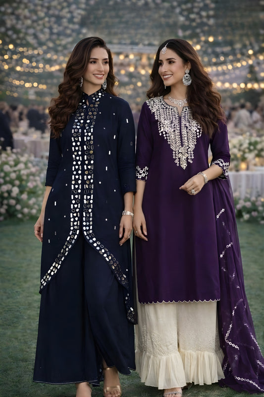 Stylish Navy Blue Silk Mirror Work Readymade Palazzo Suit for Wedding