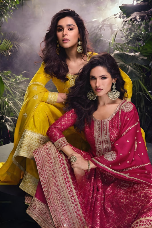 Graceful Rani Pink Viscose Jacquard Embroidered Designer Palazzo Suit with Dupatta for Wedding