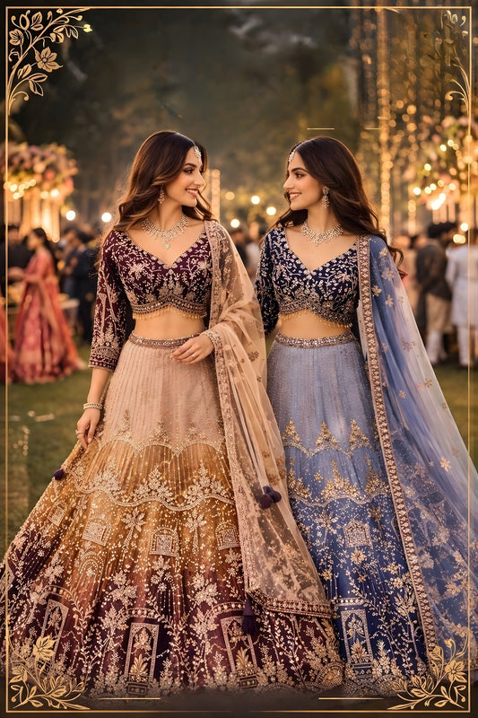 Stylish Blue Shaded Embroidered Readymade Net Lehenga Choli with Dupatta for Women