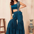 Superb Teal Blue Poly Silk Party Wear Sharara Suit with Embroidered Shrug