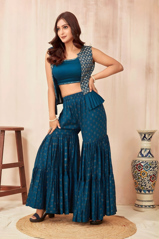 Superb Teal Blue Poly Silk Party Wear Sharara Suit with Embroidered Shrug