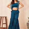 Superb Teal Blue Poly Silk Party Wear Sharara Suit with Embroidered Shrug