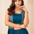 Superb Teal Blue Poly Silk Party Wear Sharara Suit with Embroidered Shrug