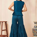 Superb Teal Blue Poly Silk Party Wear Sharara Suit with Embroidered Shrug