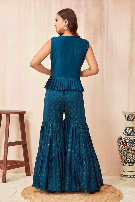 Superb Teal Blue Poly Silk Party Wear Sharara Suit with Embroidered Shrug