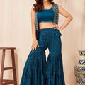 Superb Teal Blue Poly Silk Party Wear Sharara Suit with Embroidered Shrug 