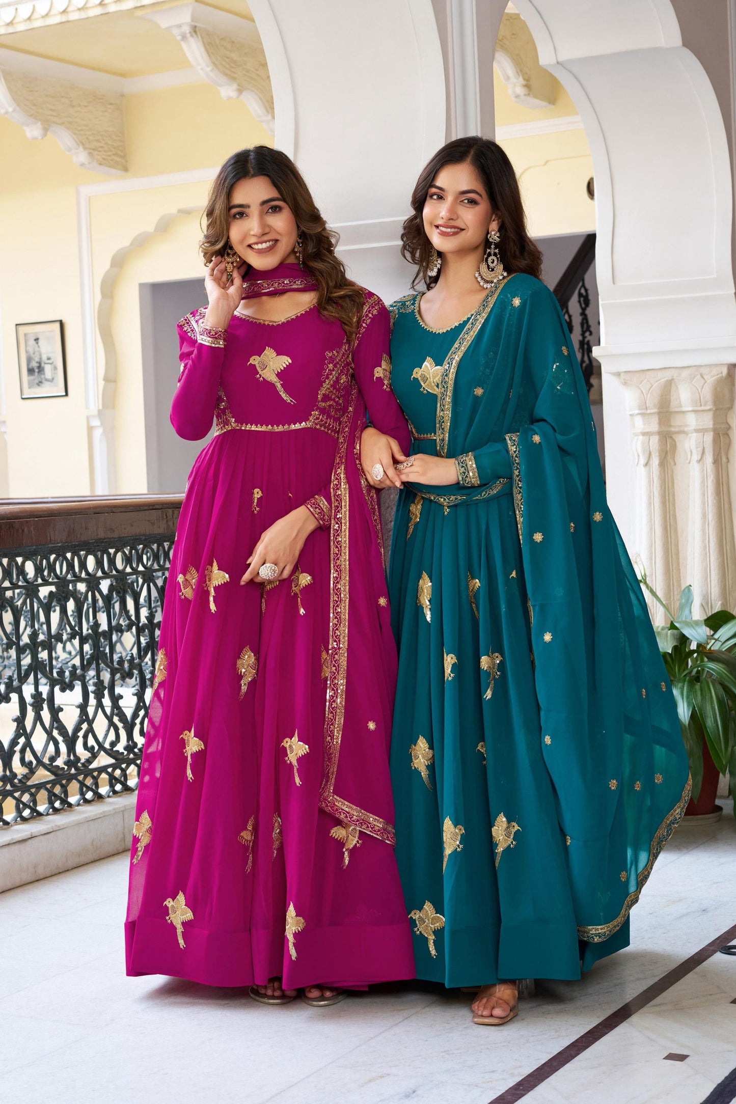 Royal Teal Blue Faux Georgette Thread Work Palazo suit set Designer Duptta