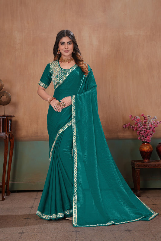 Emerald Green Soft Fandy Satin Fabric Saree Embroidery Beads Work
