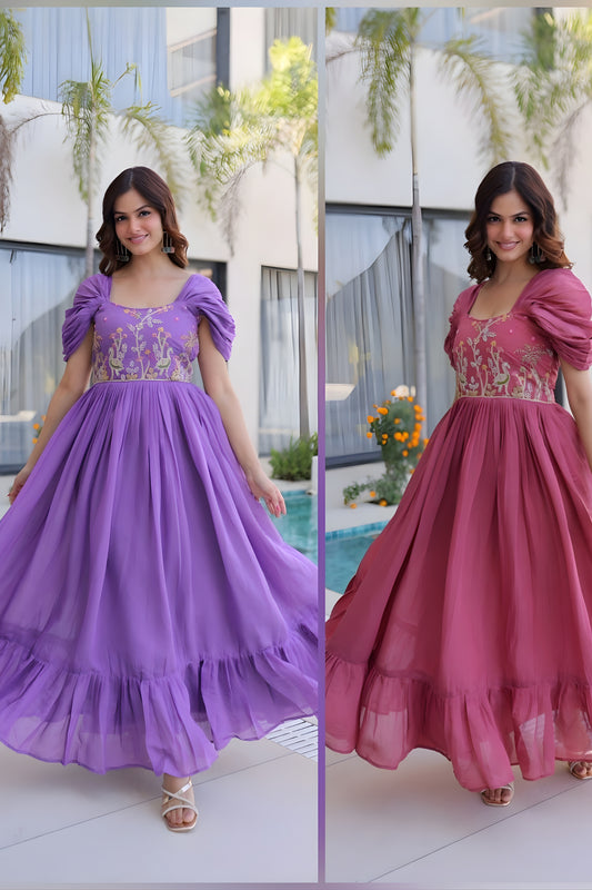 Elegant Lavender Embroidered Chanderi Designer Gown with Cap Sleeves for Women
