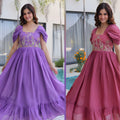 Stylish Rose Pink Embroidered Chanderi Designer Gown with Cap Sleeves for Women