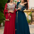 Exquisite Maroon Faux Georgette Designer Gown with Multi Thread Work and Dupatta