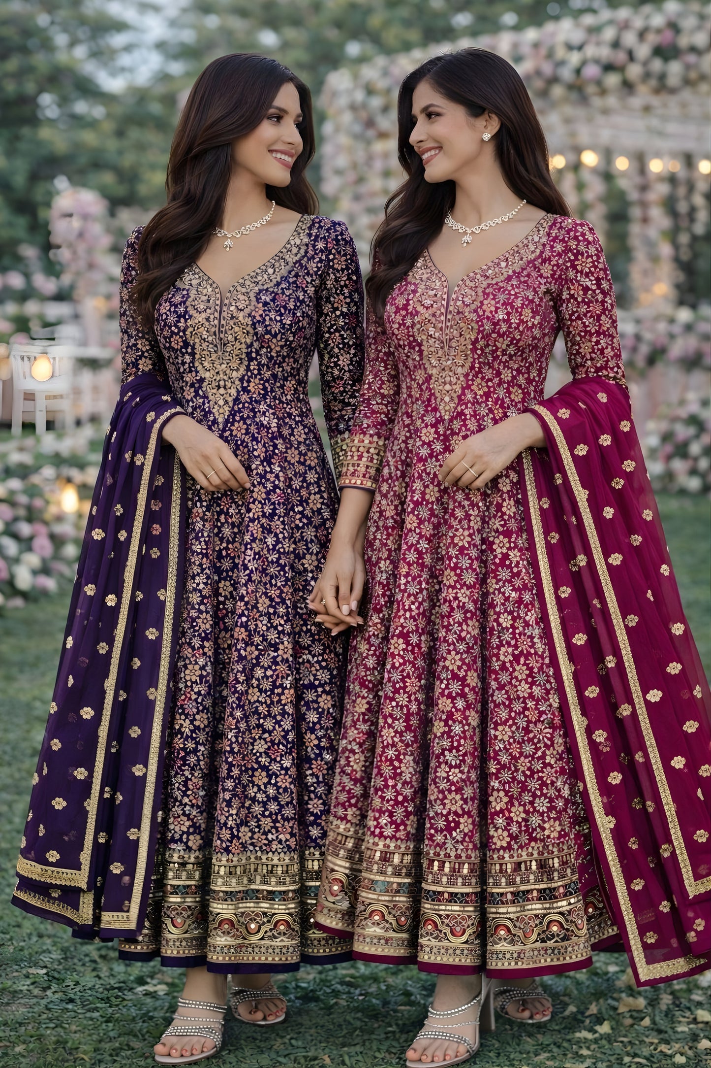 Stylish Rani Embroidered Designer Gown Set with Dupatta for Wedding and Reception