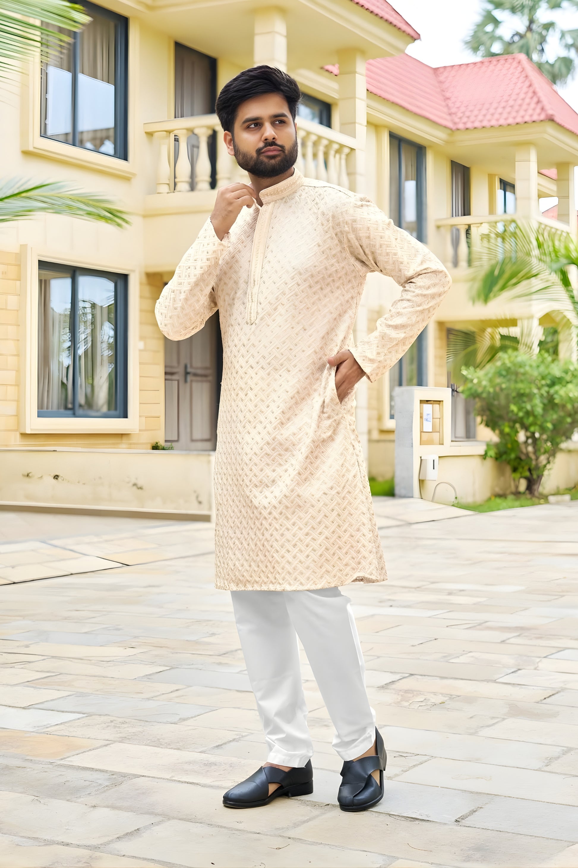Stylish Cream Rayon Embroidery Designer Kurta Pyjama Set for Men for Wedding